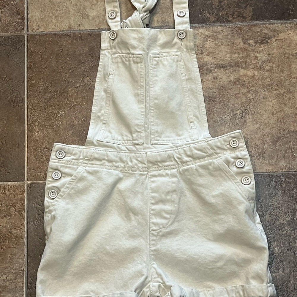 Pilcro Anthropologie Women’s Cotton Tied Cuffed Hem Overalls Shorts Cream 24P